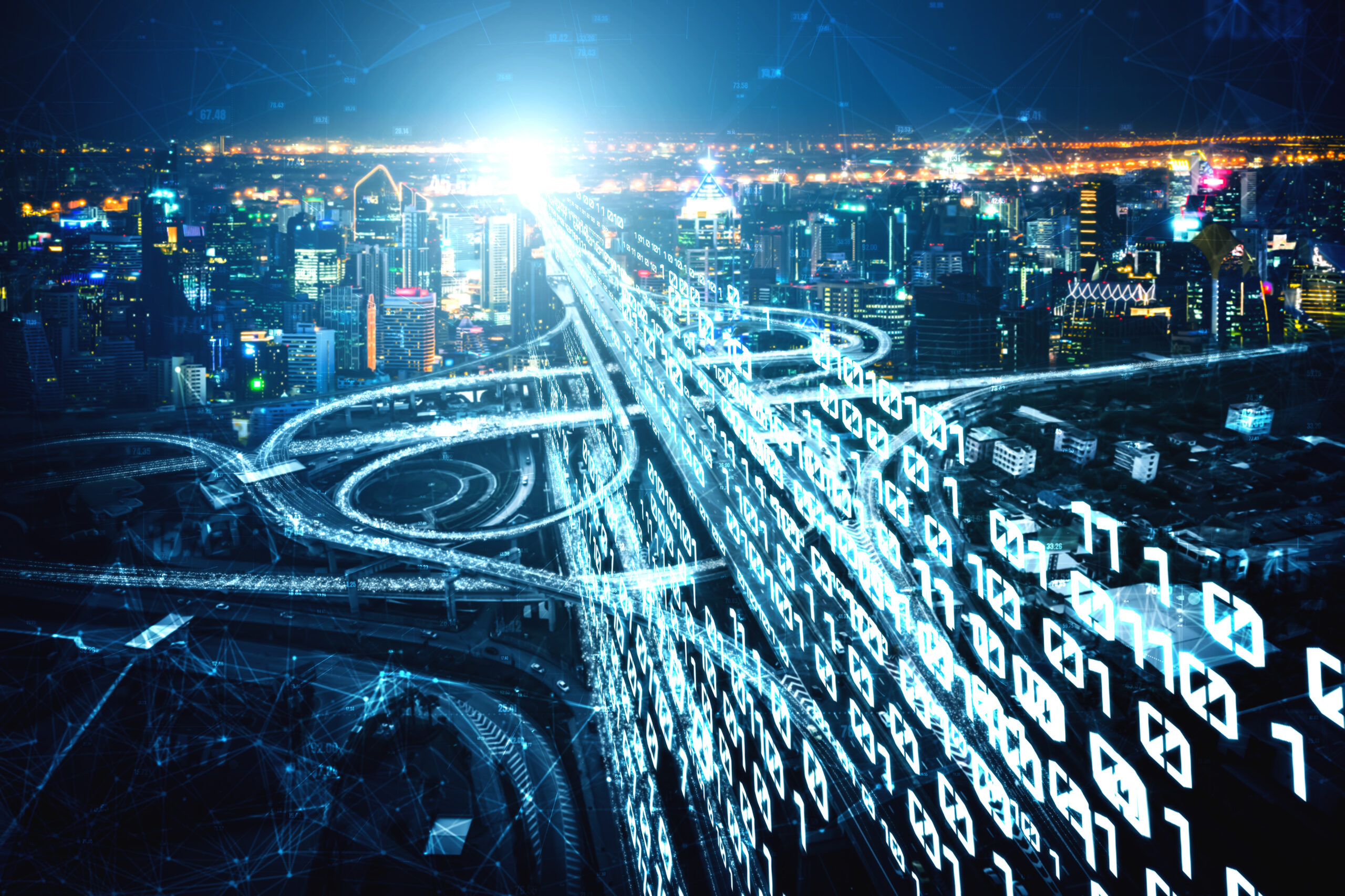 Futuristic road transportation technology with digital data transfer graphic