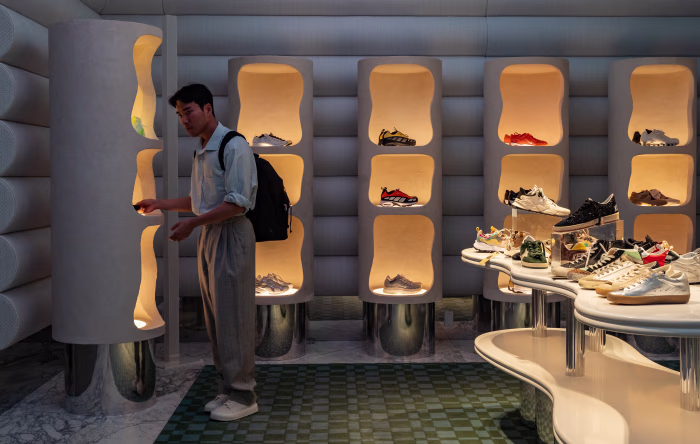A customer browses shoes on display at Printemps New York.